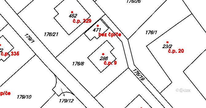 Rosice 9 na parcele st. 286 v KÚ Rosice u Chrasti, Katastrální mapa