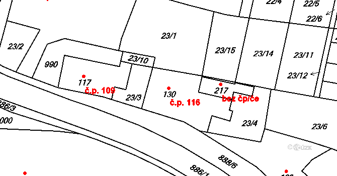 Tuněchody 116 na parcele st. 130 v KÚ Tuněchody, Katastrální mapa