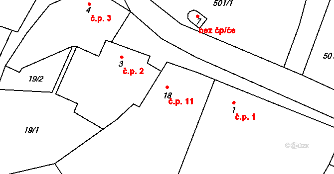 Korýtka 11, Pláně na parcele st. 18 v KÚ Korýtka, Katastrální mapa