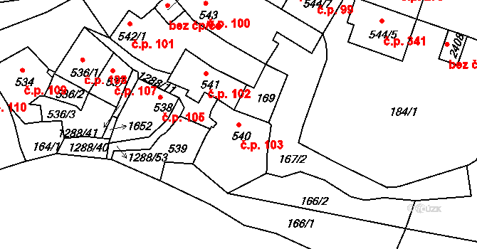 Plešivec 103, Český Krumlov na parcele st. 540 v KÚ Český Krumlov, Katastrální mapa