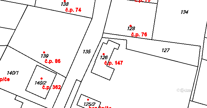 Zruč 147, Zruč-Senec na parcele st. 126 v KÚ Zruč, Katastrální mapa