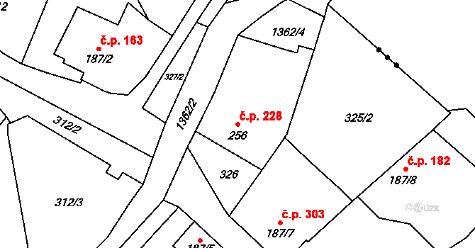 Vranov nad Dyjí 228 na parcele st. 256 v KÚ Vranov nad Dyjí, Katastrální mapa