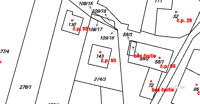Žerůtky 93 na parcele st. 143 v KÚ Žerůtky u Znojma, Katastrální mapa