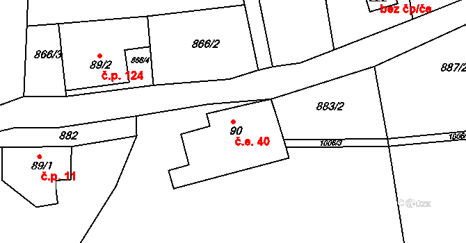 Rožany 40, Šluknov na parcele st. 90 v KÚ Rožany, Katastrální mapa