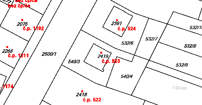Kyjov 523 na parcele st. 2419 v KÚ Kyjov, Katastrální mapa