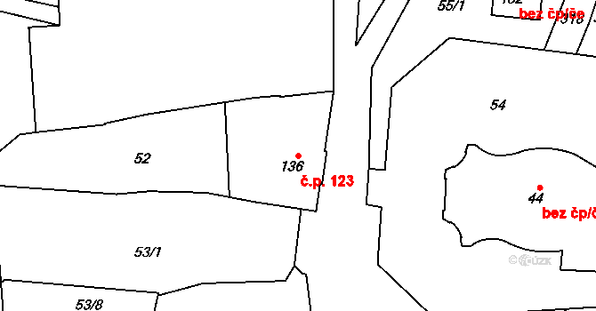 Slatinice 123 na parcele st. 136 v KÚ Slatinice na Hané, Katastrální mapa