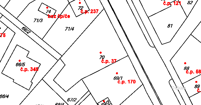 Bystřany 37 na parcele st. 70 v KÚ Bystřany, Katastrální mapa