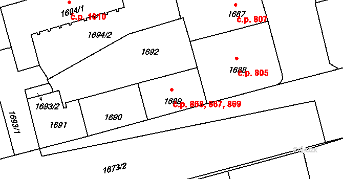 Veveří 867,868,869, Brno na parcele st. 1690 v KÚ Veveří, Katastrální mapa