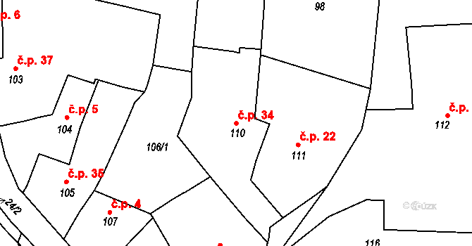 Hluboké Dvory 34 na parcele st. 110 v KÚ Hluboké Dvory, Katastrální mapa
