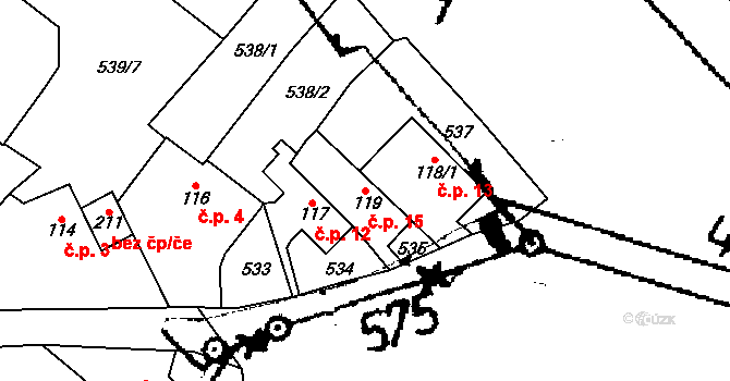 Pňovičky 15, Ohníč na parcele st. 119 v KÚ Křemýž, Katastrální mapa