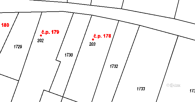 Povlčín 178, Milostín na parcele st. 203 v KÚ Milostín, Katastrální mapa