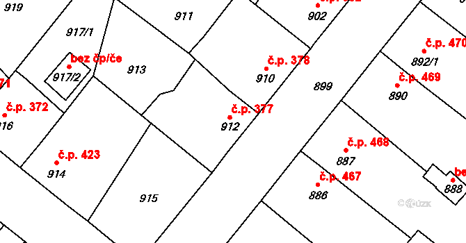 Suchdol nad Lužnicí 377 na parcele st. 912 v KÚ Suchdol nad Lužnicí, Katastrální mapa