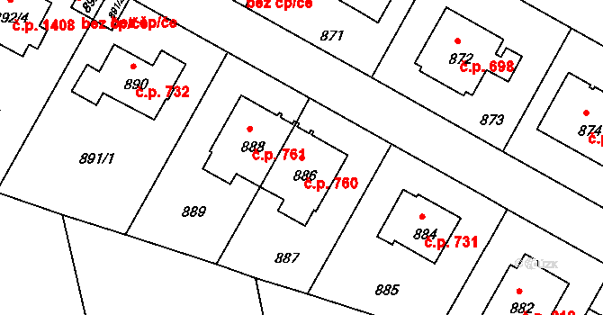 Braník 760, Praha na parcele st. 886 v KÚ Braník, Katastrální mapa
