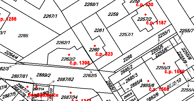 Kyje 523, Praha na parcele st. 2260 v KÚ Kyje, Katastrální mapa