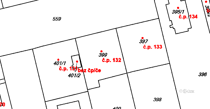 Horní Měcholupy 132, Praha na parcele st. 399 v KÚ Horní Měcholupy, Katastrální mapa