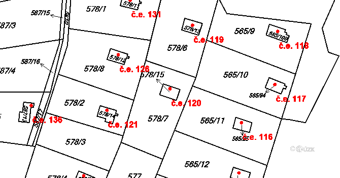 Kanice 120 na parcele st. 578/15 v KÚ Kanice, Katastrální mapa