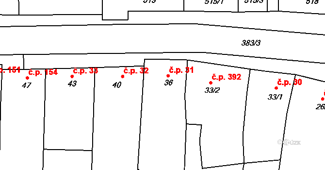 Podolí 31 na parcele st. 36 v KÚ Podolí u Brna, Katastrální mapa
