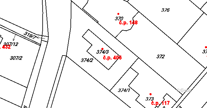 Koloděje 406, Praha na parcele st. 374/3 v KÚ Koloděje, Katastrální mapa