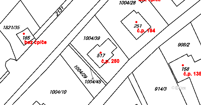 Hrádek na Vlárské dráze 250, Slavičín na parcele st. 517 v KÚ Hrádek na Vlárské dráze, Katastrální mapa