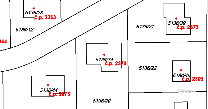 Pod Bezručovým vrchem 2374, Krnov na parcele st. 5136/34 v KÚ Krnov-Horní Předměstí, Katastrální mapa