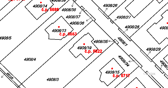 Chomutov 5822 na parcele st. 4908/19 v KÚ Chomutov I, Katastrální mapa