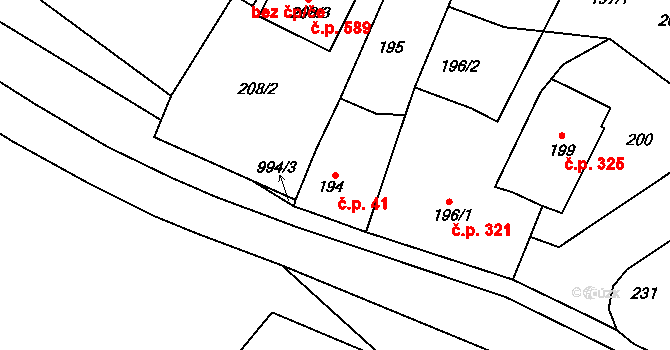 Bystřice nad Pernštejnem 41 na parcele st. 194 v KÚ Bystřice nad Pernštejnem, Katastrální mapa
