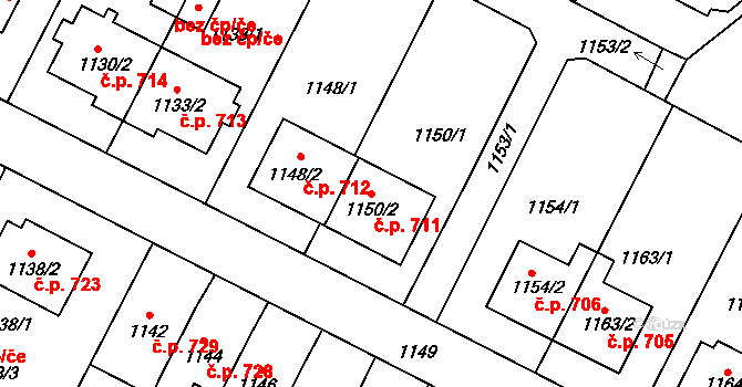 Bystřice nad Pernštejnem 711 na parcele st. 1150/2 v KÚ Bystřice nad Pernštejnem, Katastrální mapa
