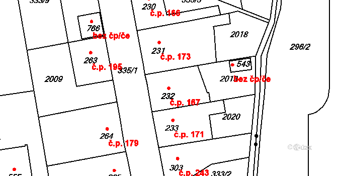 Louky 167, Zlín na parcele st. 232 v KÚ Louky nad Dřevnicí, Katastrální mapa