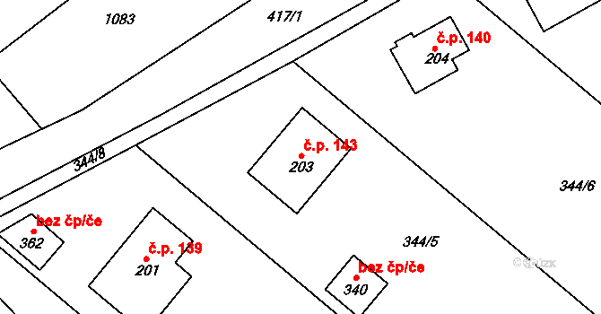 Konětopy 143 na parcele st. 203 v KÚ Konětopy, Katastrální mapa