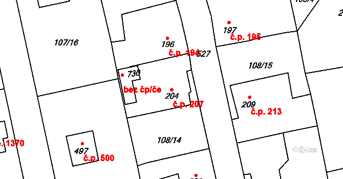 Rudná 207 na parcele st. 204 v KÚ Dušníky u Rudné, Katastrální mapa