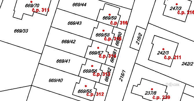 Chlebičov 314 na parcele st. 669/57 v KÚ Chlebičov, Katastrální mapa