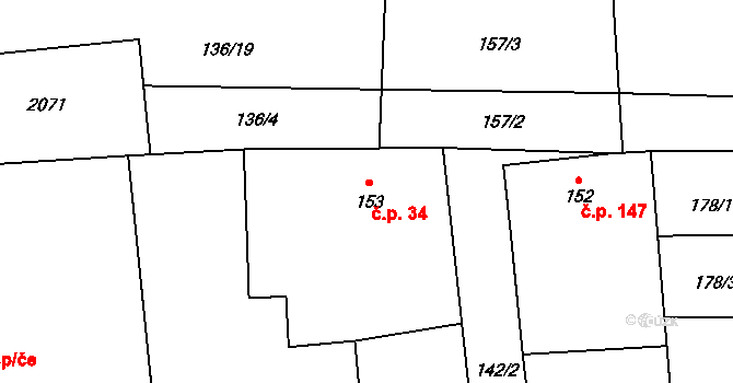 Lišany 34 na parcele st. 153 v KÚ Lišany u Rakovníka, Katastrální mapa