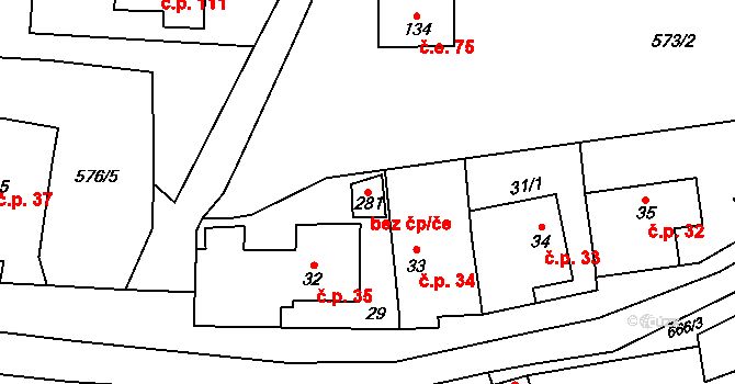 Konice 91590345 na parcele st. 281 v KÚ Čunín, Katastrální mapa