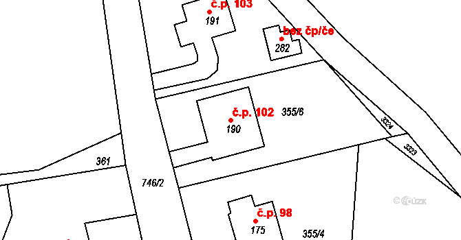 Lipovka 102, Rychnov nad Kněžnou na parcele st. 190 v KÚ Lipovka u Rychnova nad Kněžnou, Katastrální mapa