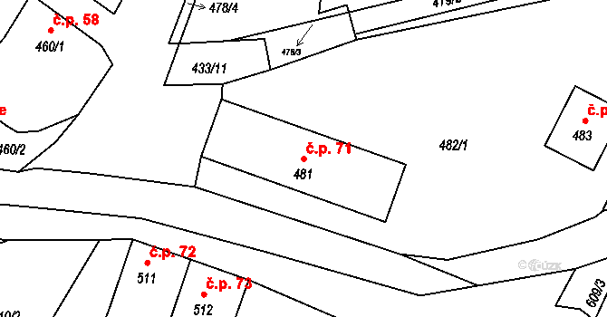 Rychlov 71, Bystřice pod Hostýnem na parcele st. 481 v KÚ Rychlov u Bystřice pod Hostýnem, Katastrální mapa