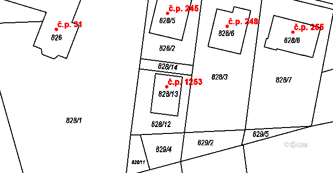 Srubec 1253 na parcele st. 828/13 v KÚ Srubec, Katastrální mapa