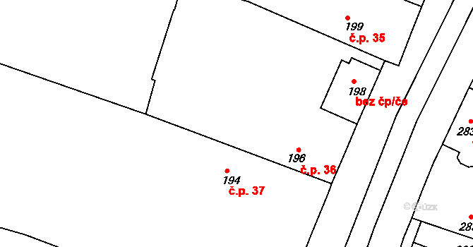 Hlízov 36 na parcele st. 196 v KÚ Hlízov, Katastrální mapa