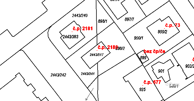 Roztoky 2180 na parcele st. 2443/517 v KÚ Roztoky u Prahy, Katastrální mapa