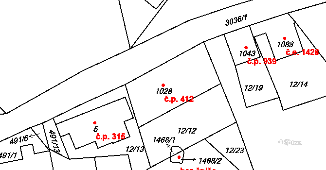 Polubný 412, Kořenov na parcele st. 1028 v KÚ Polubný, Katastrální mapa