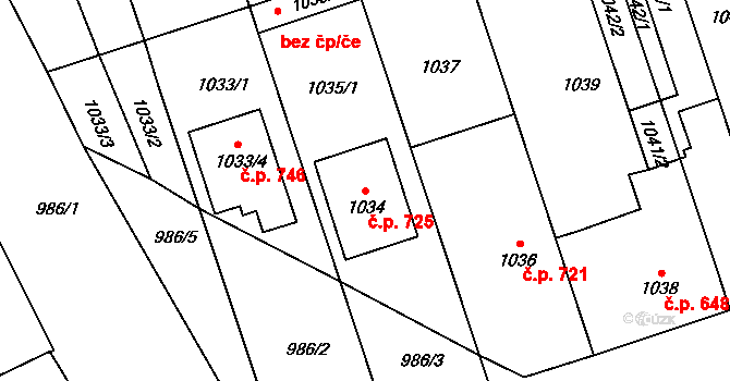 Lužice 725 na parcele st. 1034 v KÚ Lužice u Hodonína, Katastrální mapa