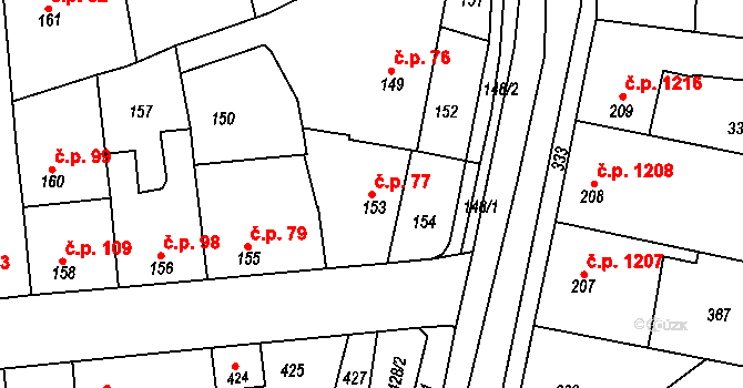 Švermov 77, Kladno na parcele st. 153 v KÚ Motyčín, Katastrální mapa