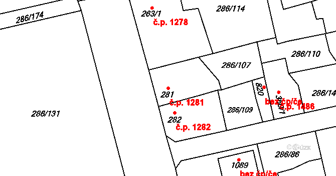 Švermov 1281, Kladno na parcele st. 281 v KÚ Hnidousy, Katastrální mapa