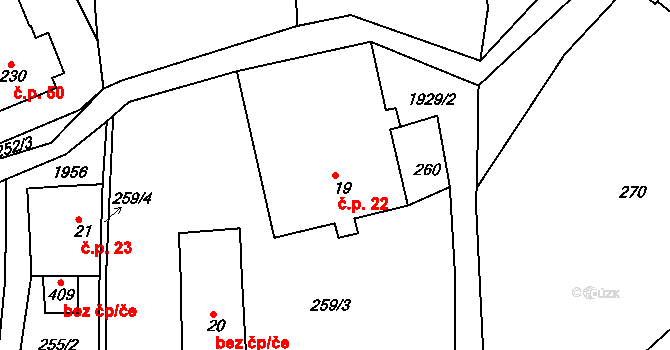 Kamenec u Poličky 22 na parcele st. 19 v KÚ Kamenec u Poličky, Katastrální mapa