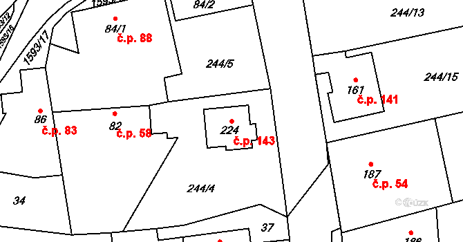 Kladeruby 143 na parcele st. 224 v KÚ Kladeruby, Katastrální mapa