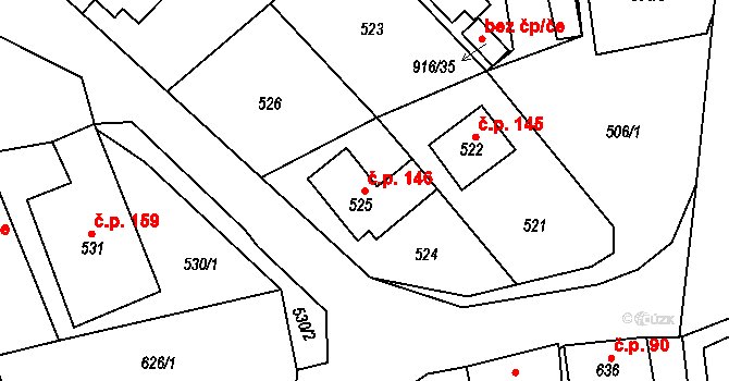 Chlumec 146 na parcele st. 525 v KÚ Chlumec u Chabařovic, Katastrální mapa