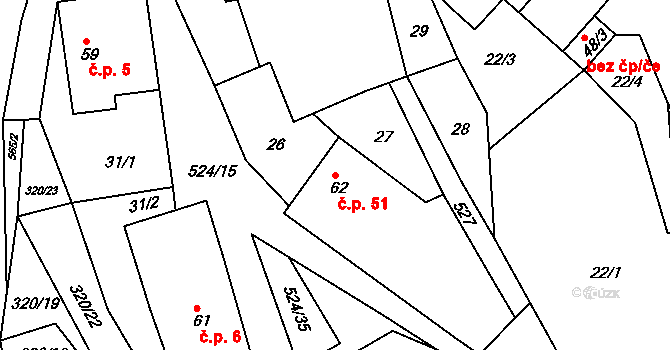 Libecina 51 na parcele st. 62 v KÚ Libecina, Katastrální mapa