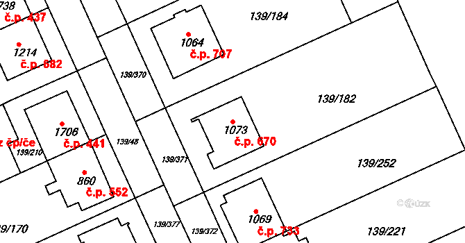 Podklášteří 670, Třebíč na parcele st. 1073 v KÚ Podklášteří, Katastrální mapa