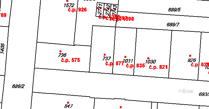 Uherské Hradiště 577 na parcele st. 737 v KÚ Uherské Hradiště, Katastrální mapa