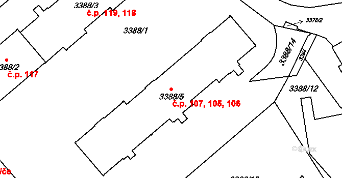 Sokolov 105,106,107 na parcele st. 3388/5 v KÚ Sokolov, Katastrální mapa