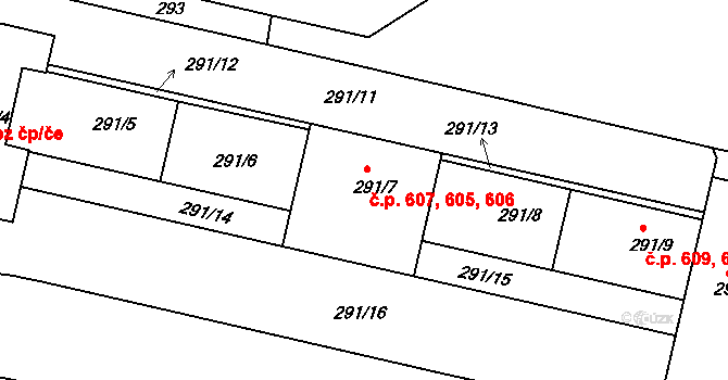 Michle 605,606,607, Praha na parcele st. 291/7 v KÚ Michle, Katastrální mapa